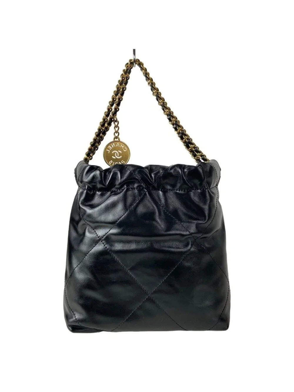 Chanel Handbag 22 Mini Black Chain Handle Vintage Gold Metal